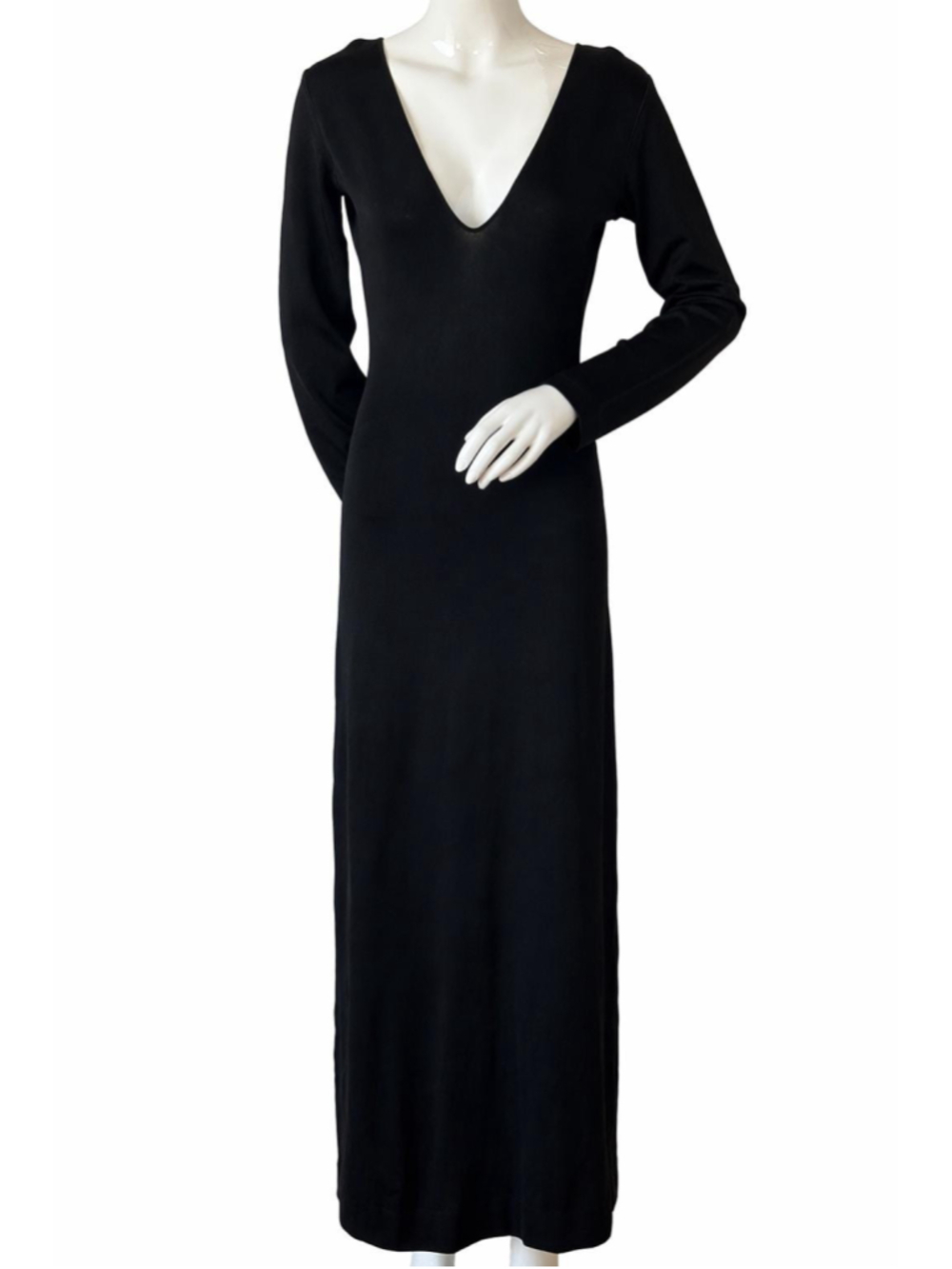 Armani Collezioni Black Maxi Dress with Open Back – Deep V-Neck, Long Sleeve